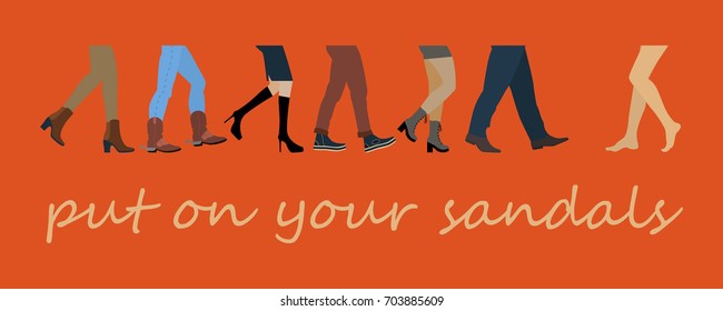 Legs of people group walking in autumn shoes. Flat design men and womenfeet with stylish colorful clothes and footwear. Vector illustration