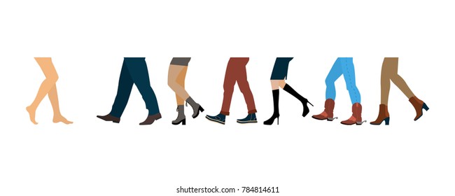 Legs of people group walking in autumn shoes. Flat design men and womenfeet with stylish colorful clothes and footwear on white background. Vector illustration