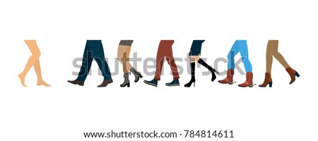 Legs of people group walking in autumn shoes. Flat design men and womenfeet with stylish colorful clothes and footwear on white background. Vector illustration