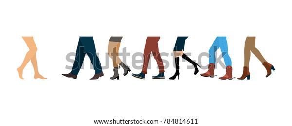 人の脚が秋の靴を履いて歩く 白い背景にスタイリッシュなカラフルな服と履物を持つ 平らなデザインの男性と女性の足 ベクターイラスト のベクター画像素材 ロイヤリティフリー