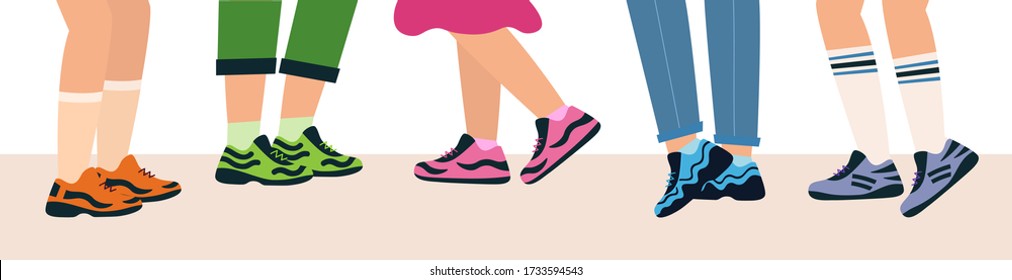 Legs of people group walking in shoes. Feet in sports shoes. Legs of a group of teenagers. Meeting guys and girls. vector illustration in flat style.