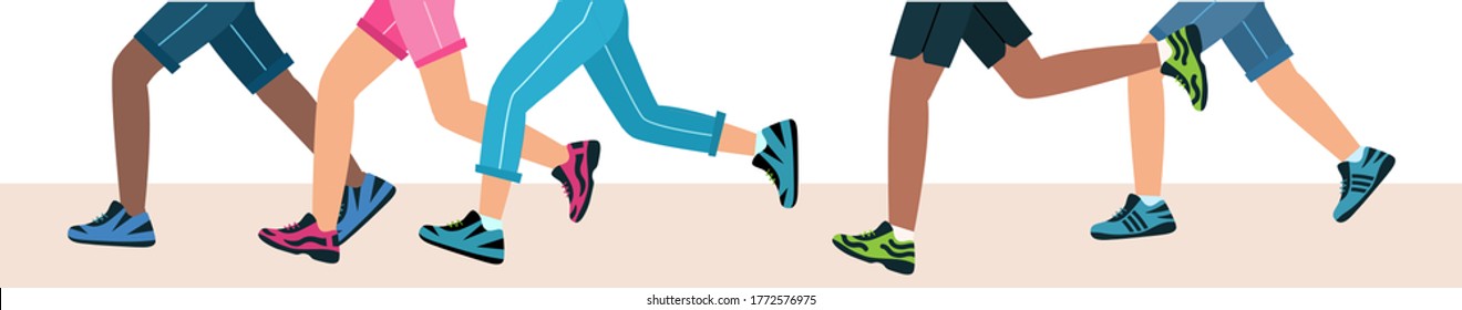 Legs of people group walking in shoes. Group of people running a marathon, feet in sports shoes. Men and women run in training. vector illustration in flat style.