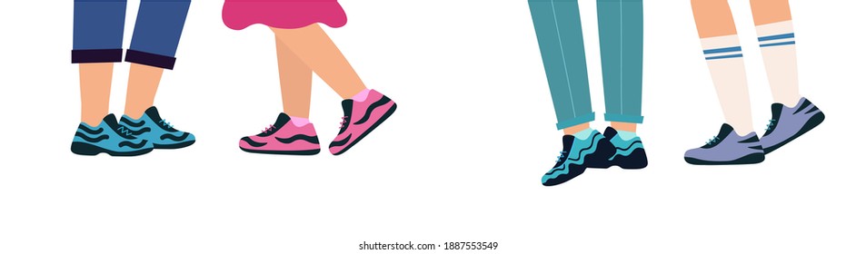 Legs Of People Group Walking In Shoes. Feet In Sports Shoes. Legs Of A Group Of Teenagers. Meeting Guys And Girls. Vector Illustration In Flat Style.