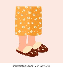 Legs in pyjama with snowflakes and cosy slippers. Christmas hand drawn vector illustration.