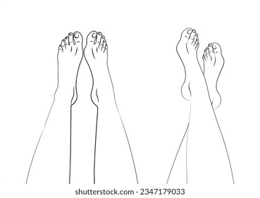 Legs raised uphill. Legs crossed. Vector image of legs. Black and white drawing. Line drawing.