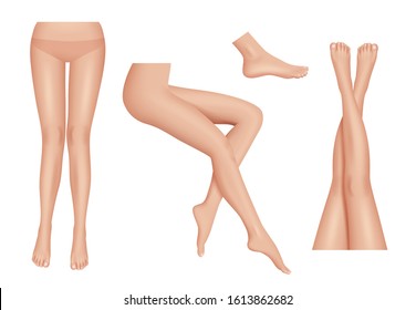 Legs realistic. Beauty woman legs body parts clean healthy vector set