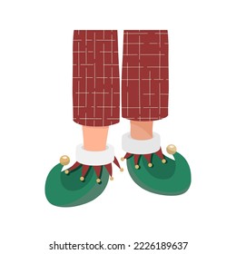 Legs in red pajamas with warm slippers. Christmas funny elf slippers. Christmas red checkered pajama pants. Vector illustration.