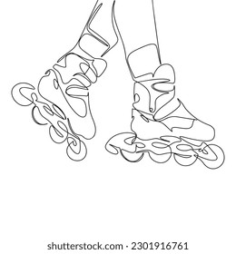 Legs in roller skate. One line continuous legs on rollers. Line art rollers. Outline vector illustration.