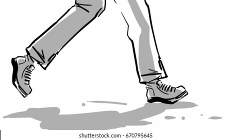 Legs of a running man, side view. Vector sketch of men's legs in boots and trousers. Black and white simple drawing.