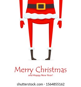 Legs of Santa Claus isolated on white winter background. Text Merry Christmas and Happy New Year. Illustration can be used for holiday cards, children's clothing or things design, invitations, banners