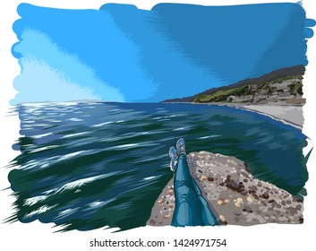 Legs of a seated man on the background of the sea. Ocean, water, stone, rocks and hills. City by the sea. Leisure traveler. Seascape. Vector, color, realistic scene.