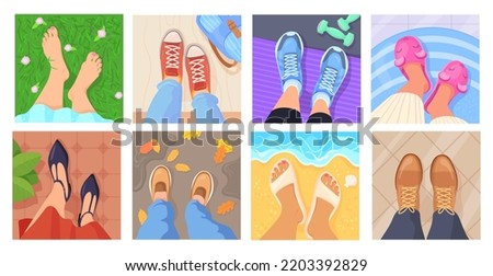 Legs selfie. Feet in sneakers top view, blogger lifestyle concept sight pair footwear on different floor carpet beach park gym home workspace or barefoot, neat vector illustration of shoes jeans