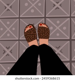 Legs selfie. Top view. Travel blogger legs selfie in shoes. Blogger lifestyle concept. Real estate vector concept, frames for social network.