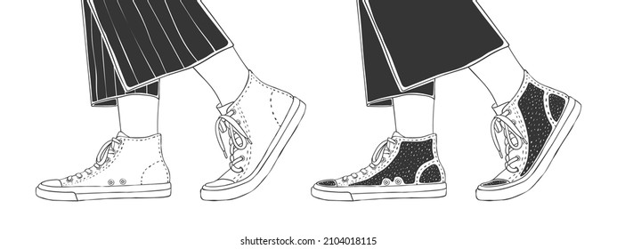 Legs shod sneakers. Fashion footwear. Hand-drawn style shoes. Vector image
