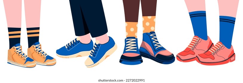 Legs with shoes. Male female feet wearing stylish footwear, trendy fashionable comfortable models of casual and sportswear cartoon. Vector flat set of stylish male foot, footwear female illustration