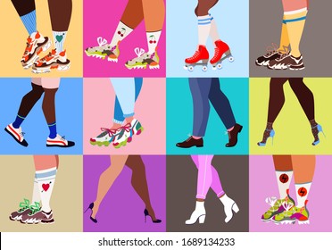 Legs and shoes poster. Male and female legs, roller skates, shoes, high heels and trainers. Colourful socks and pants. Party people. Modern retro banner design for web and pint. Trendy vector.