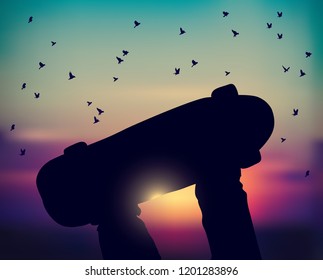 Legs skateboarder skateboard and sunset sky birds fly