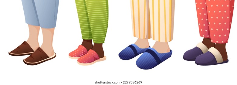 Legs in slippers. Cartoon feet in different kinds of slippers, home footwear fashion accessories for kids, home textile shoes design. Vector set. Different comfortable shoes for house