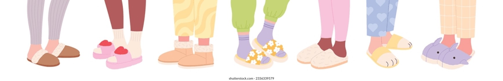 Piernas en zapatillas, niño se limpia la pantufla en casa. Pie con esponjosas pijamas, mujeres o niños fiesta de pijama. Acogedores accesorios de invierno de casa, conjunto de vectores de racy