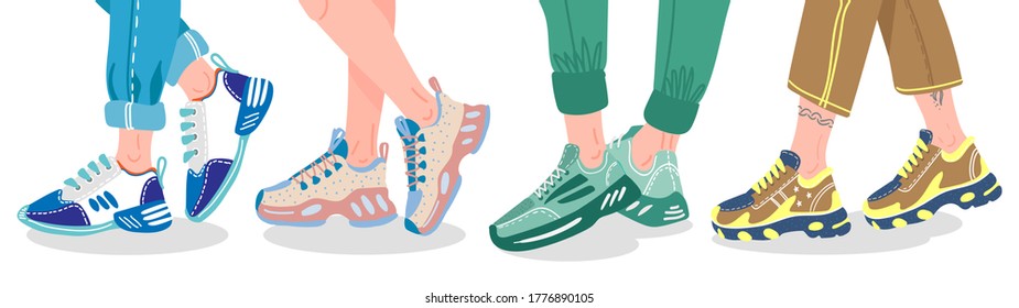 Legs in sneakers. Female or male legs wearing modern sneakers, people legs in fashion trainers, stylish sport footwear vector illustration. Sneakers fashion, walking foot, hipster athlete