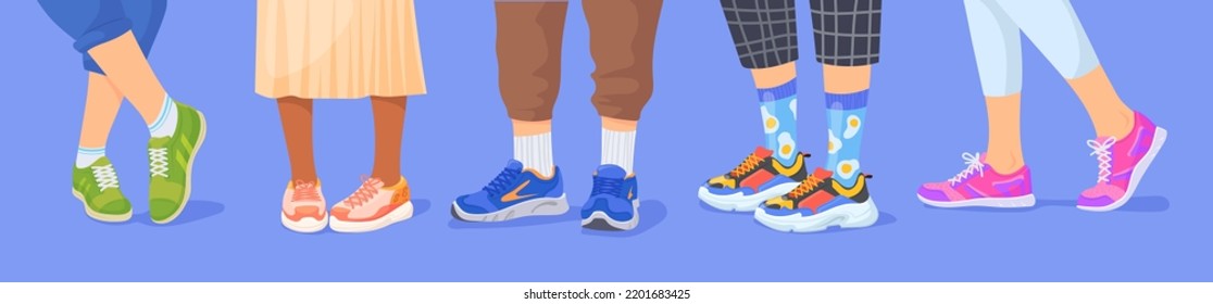 Legs in sneakers. Man woman leg wearing footwear, human feet at comfortable model trend shoe, fashion 90s lifestyle stylish colorful socks leather sneaker, neat vector illustration of sport fashion