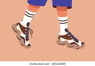 Legs in sneakers and socks walking. Girls feet in sport shoes, modern fashion leather footwear. Women foot wearing comfortable stylish sporty footgear. Colored flat vector illustration