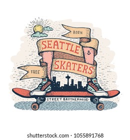 Legs in sneakers standing on skateboard, surrounded by  heraldic ribbon with inscription. Handcrafted color emblem in a hipster style, dedicated to skaters of Seattle.