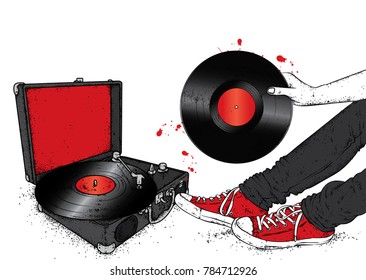 Legs in sneakers, turntable and vinyl record. Hipster and music. Vector illustration for a postcard or a poster, print for clothes. Vintage, retro, fashion and style.
