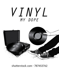 Legs in sneakers, turntable and vinyl record. Hipster and music. Vector illustration for a postcard or a poster, print for clothes. Vintage, retro, fashion and style.
