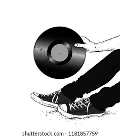 Legs in sneakers and a vinyl record. Hipster and music. Vector illustration for a postcard or a poster, print for clothes. Vintage, retro, fashion and style.