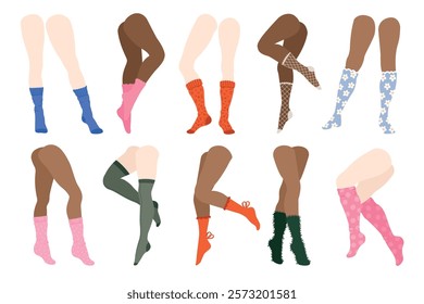 Legs in socks. Woman feet in yarn sock, fashionable warm cotton hosiery, girl legs in trendy winter socklets. Vector colorful sock set.