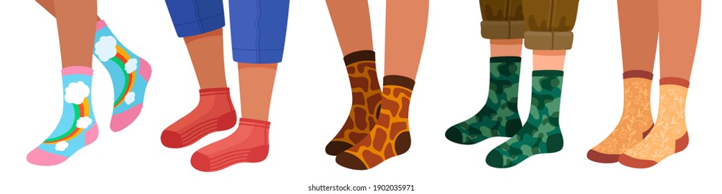 Legs In Socks. Women And Men Leg In Trendy Sock Pairs With Pattern And Texture. Flat Cartoon Female Feets In Stylish Warm Socks Vector Set. Illustration Man Women Leg In Socks Fashionable