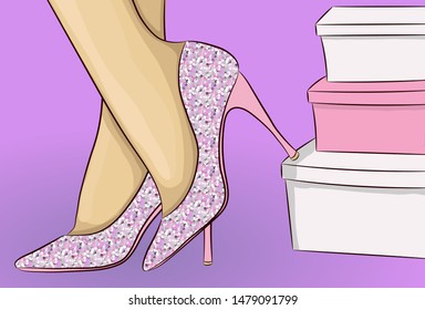 Legs in sparkles shoes with shoes boxes
