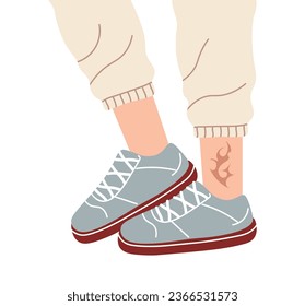 Legs in sports shoes. Feet in sneakers. Unisex sneakers. Modern and fashionable sneakers. Lace-up shoes. Tattoo on leg. Stylish male or female shoes. Fashion concept. Flat isolated vector illustration