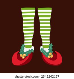 Legs in striped red pyjama and green Christmas elf shoes. Hand drawn vector illustration.