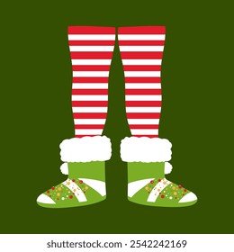 Legs in striped red pyjama and green Christmas boots. Hand drawn vector illustration.