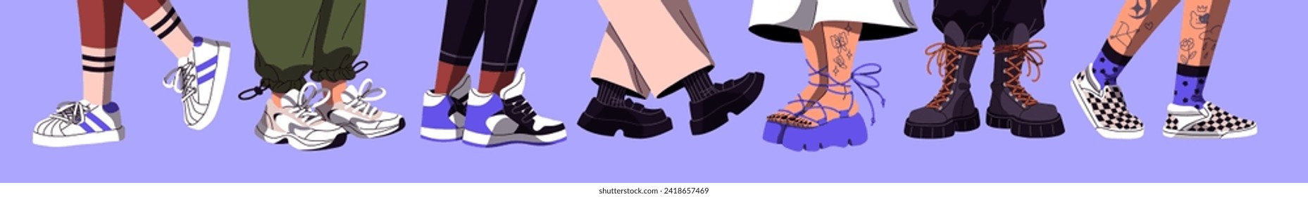 Legs with stylish shoes set. Chunky sole sneakers, sandals on feet. Different people with high socks in trainers, leather army boots, loafers. Sport street fashion. Flat isolated vector illustration