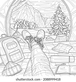 Legs and tent. Camping. Landscape with mountains.Coloring book antistress for children and adults. Illustration isolated on white background.Zen-tangle style. Hand draw