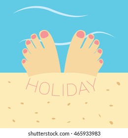 legs with text holiday in the water & sand illustration isolated