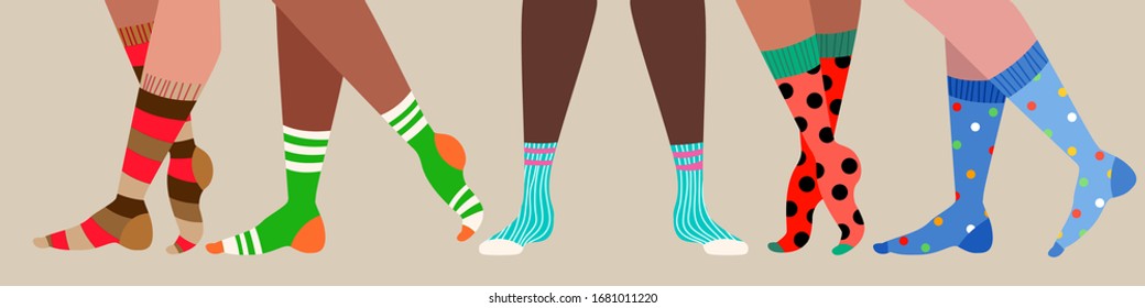 Legs and trendy socks. Variety of female and male cotton colorful long and short socks. Modern sock collection for special occasion. Hand drawn vector illustration for web banner, page header design.
