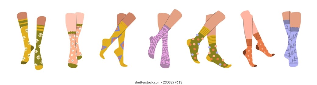 Legs and trendy socks. Variety of female and male cotton colorful long and short socks. Modern sock collection for special occasion. Hand drawn vector illustration for web banner, page header design.