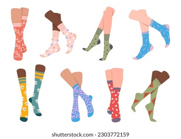 Legs and trendy socks. Variety of female and male cotton colorful long and short socks. Modern sock collection for special occasion. Hand drawn vector illustration for web banner, page header design.