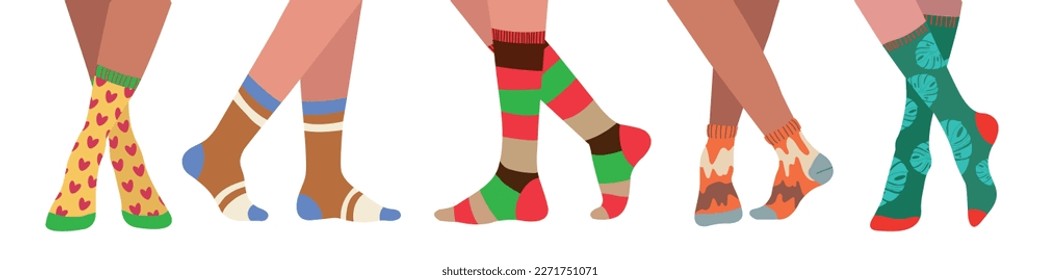 Legs and trendy socks. A variety of women's and men's cotton colorful long and short socks. Hand drawn vector illustration for web banner, page header design.