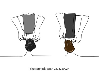 legs of two men in trousers and shoes tying shoelaces - one line drawing vector. concept advertisement of men's stylish shoes, gentlemen's club