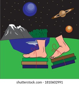 legs walking with books on space background