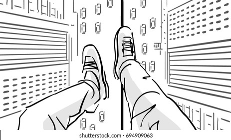 Legs walking on a tightrope between skyscrapers above the city street with cars. Black and white vector sketch, simple drawing