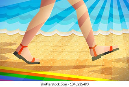 Legs of walking person, beach boots are on tanned girl's feet over summer background with sea, beach and sunlight. Concept of season specifics