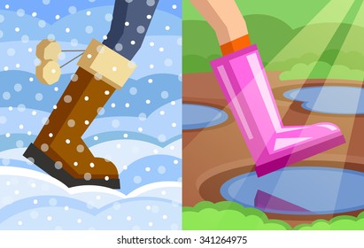 Legs of walking person, one foot dressed in winter boot on snowy winter background, another foot dressed in rubber boot on spring background. Step from winter to spring. Change of seasons concept