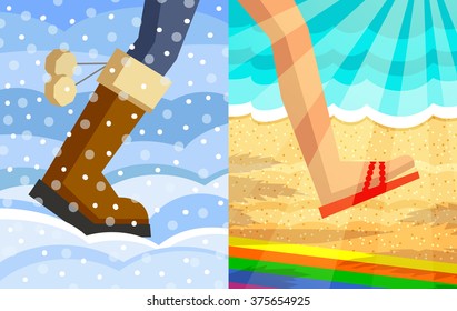 Legs of walking person. One foot in winter shoe on snow and snowdrifts background, another foot in slipper on beach and sea background in sunshine. Step from winter to summer concept