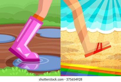 Legs of walking person. One foot in rubber shoe with puddles and ground on background, another foot in slipper on beach and sea background in sunshine. Step from spring to summer concept